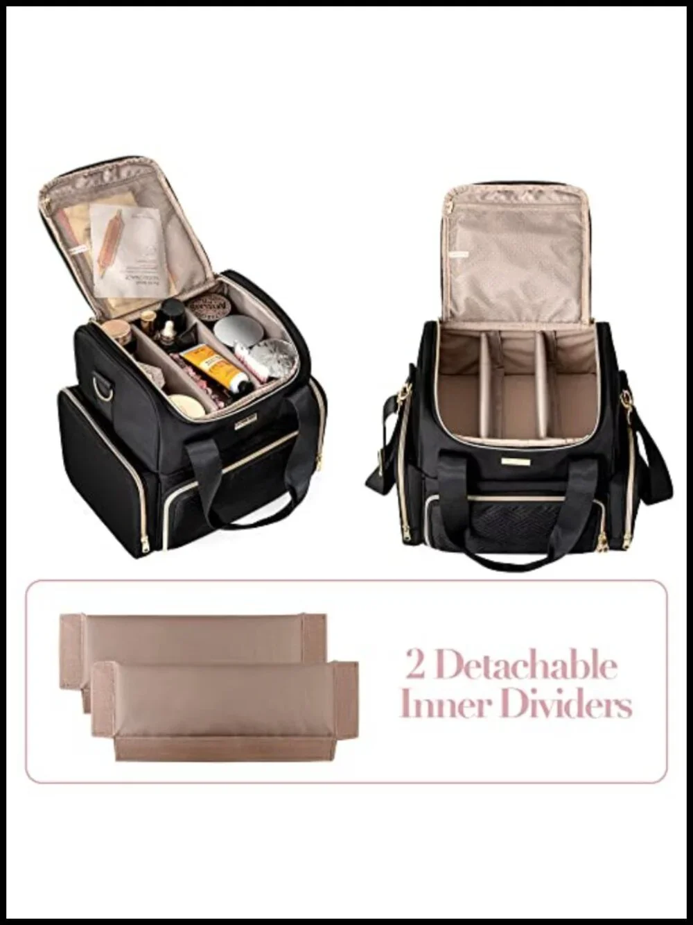 Large Double Layer Travel Makeup Organizer Bag with Brushes Storage, 3